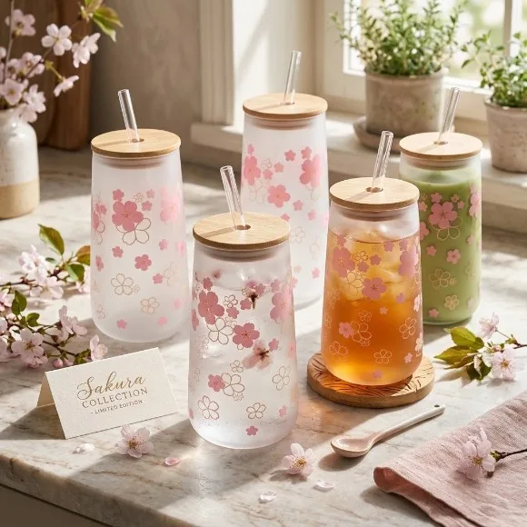 Frosted Cherry Blossom Glass Tumbler with Bamboo Lid & Glass Straw – Aesthetic Sakura Iced Coffee Cup (16 oz / Can-Shaped)