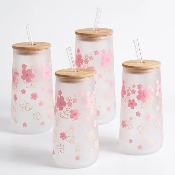Frosted Cherry Blossom Glass Tumbler with Bamboo Lid & Glass Straw – Aesthetic Sakura Iced Coffee Cup (16 oz / Can-Shaped)
