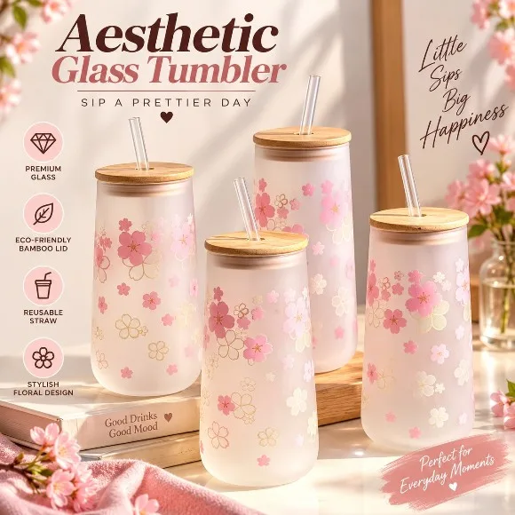 Frosted Cherry Blossom Glass Tumbler with Bamboo Lid & Glass Straw – Aesthetic Sakura Iced Coffee Cup (16 oz / Can-Shaped)