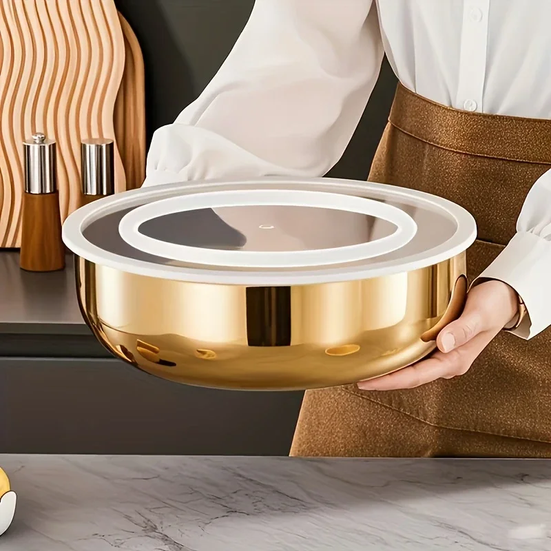 large golden stainless steel mixing bowl with lid rust resistant deep wide design for dough kneading pasta making vegetable washing soups dishwasher safe reusable dinnerware thickened construction ergonomic handles durable kitchenware Product details 1