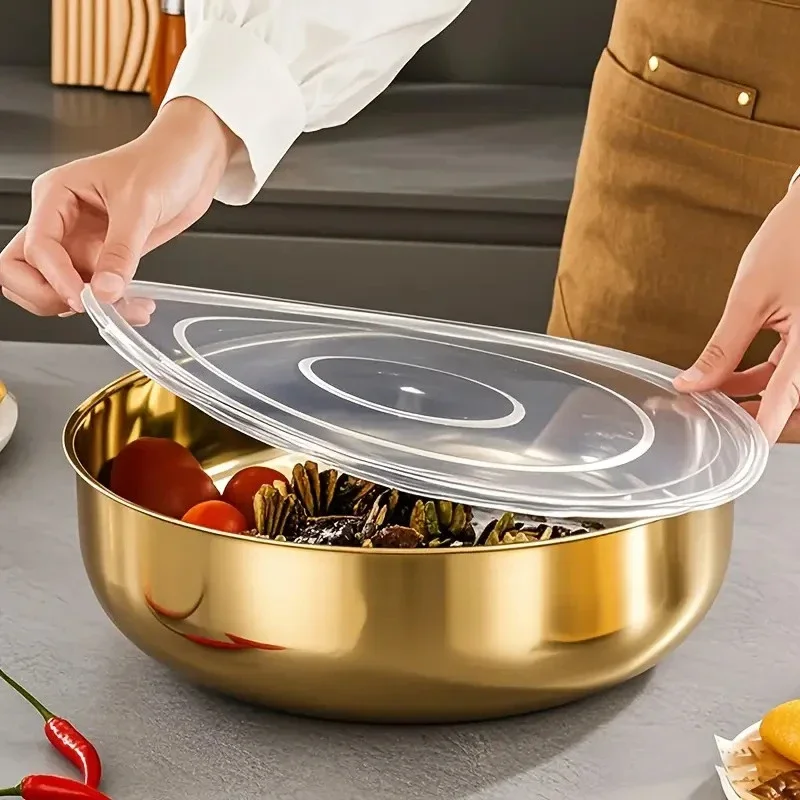 large golden stainless steel mixing bowl with lid rust resistant deep wide design for dough kneading pasta making vegetable washing soups dishwasher safe reusable dinnerware thickened construction ergonomic handles durable kitchenware Product details 8