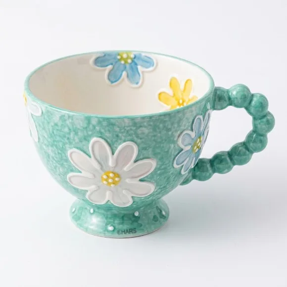 Hand-Painted Floral Ceramic Cup Creative Non-Slip Design with Colorful Beaded Handle Microwave Safe 1Pc