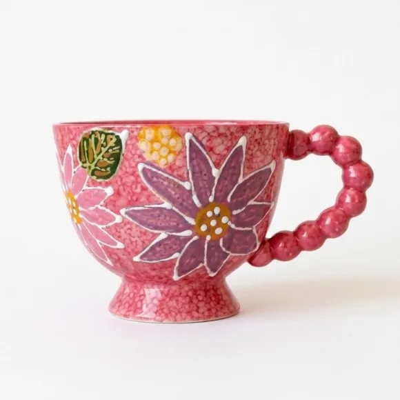 Hand-Painted Floral Ceramic Cup Creative Non-Slip Design with Colorful Beaded Handle Microwave Safe 1Pc