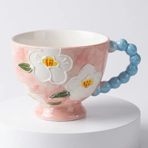 Hand-Painted Floral Ceramic Cup Creative Non-Slip Design with Colorful Beaded Handle Microwave Safe 1Pc