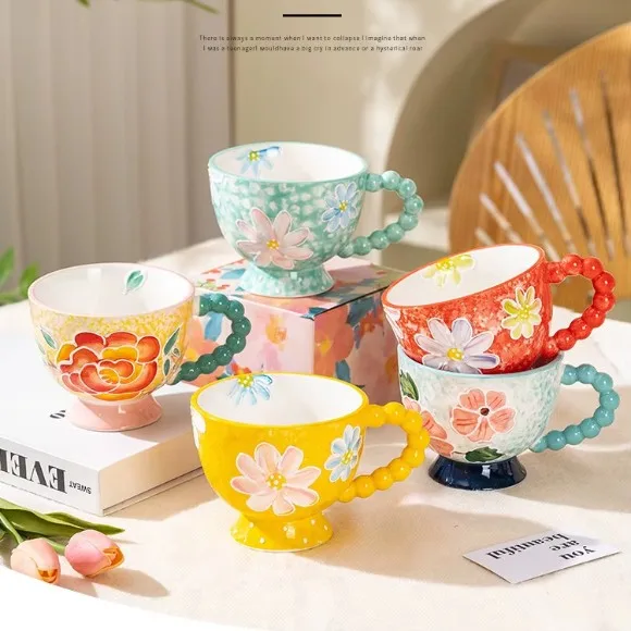 Hand-Painted Floral Ceramic Cup Creative Non-Slip Design with Colorful Beaded Handle Microwave Safe 1Pc