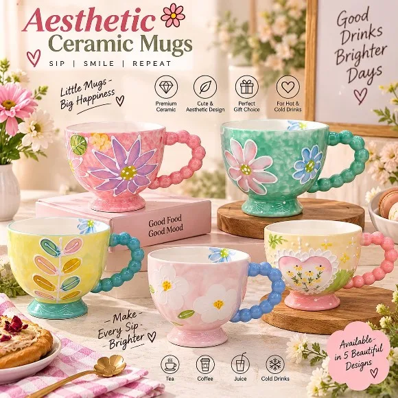 Hand-Painted Floral Ceramic Cup Creative Non-Slip Design with Colorful Beaded Handle Microwave Safe 1Pc