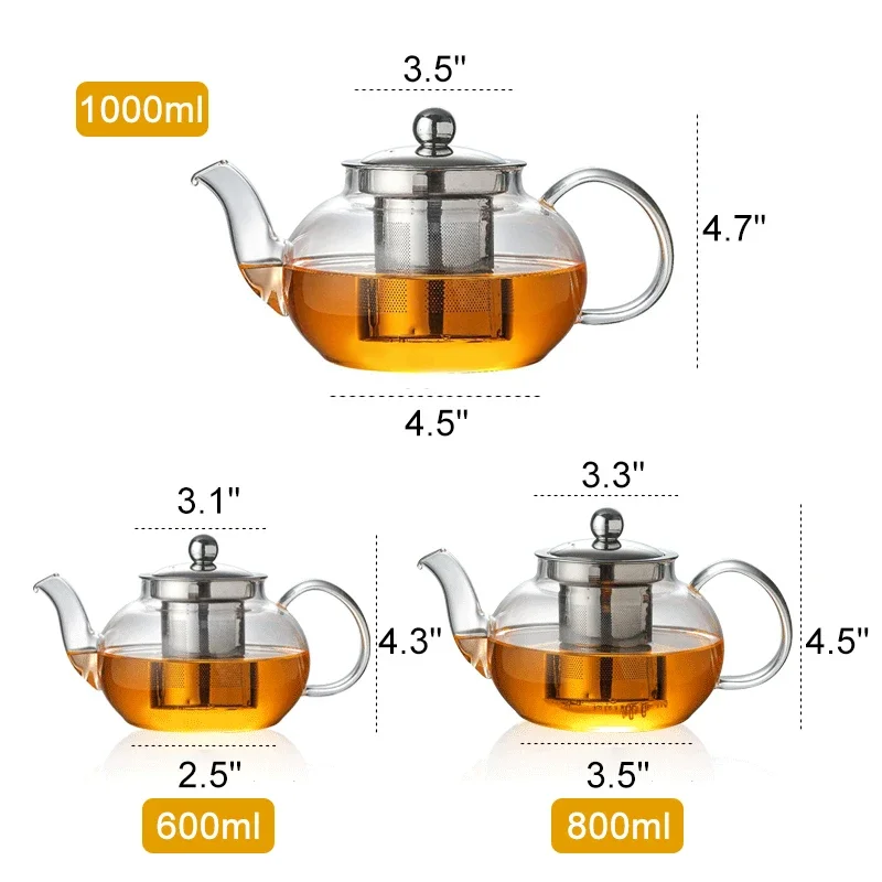 Glass Teapot 600-1000ML Coffee Tea Pot With Stainless Steel Glass Filter Infuser