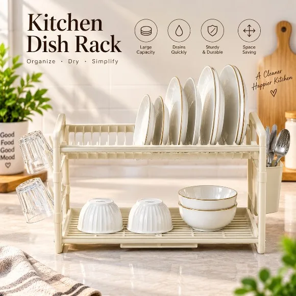 Heavy Duty Dish Rack  2-Tier Space-Saving Dish Drying Rack with Cutlery Caddy & Glass Holders