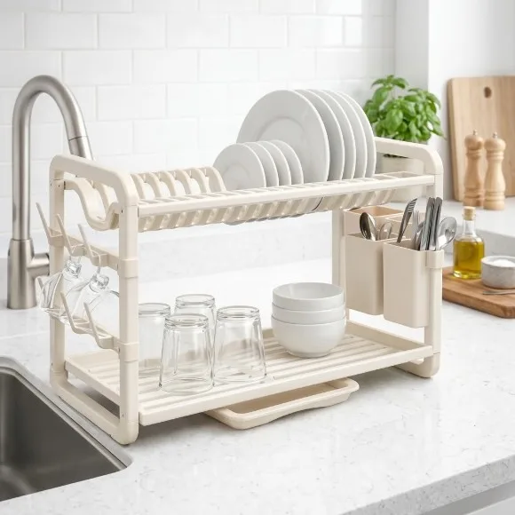 Heavy Duty Dish Rack  2-Tier Space-Saving Dish Drying Rack with Cutlery Caddy & Glass Holders