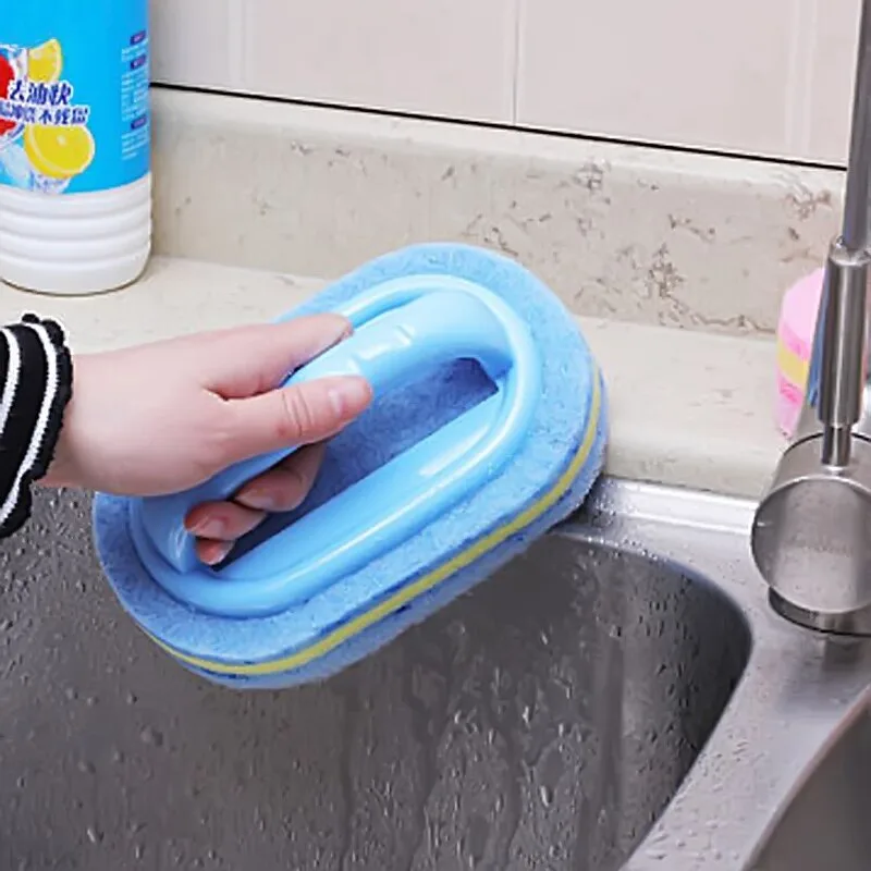 Blue Multi-Function Handles Sponge Brush Kitchen Bathroom Cleaning Sponge