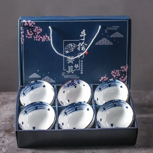 Japanese Style Korean 4.5 Inch Flower 6-Ceramic Bowl Set for Rice Soup Ramen