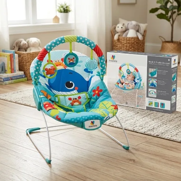 Mastela Musical Bouncer with Toy Bar Fish Print - Blue
