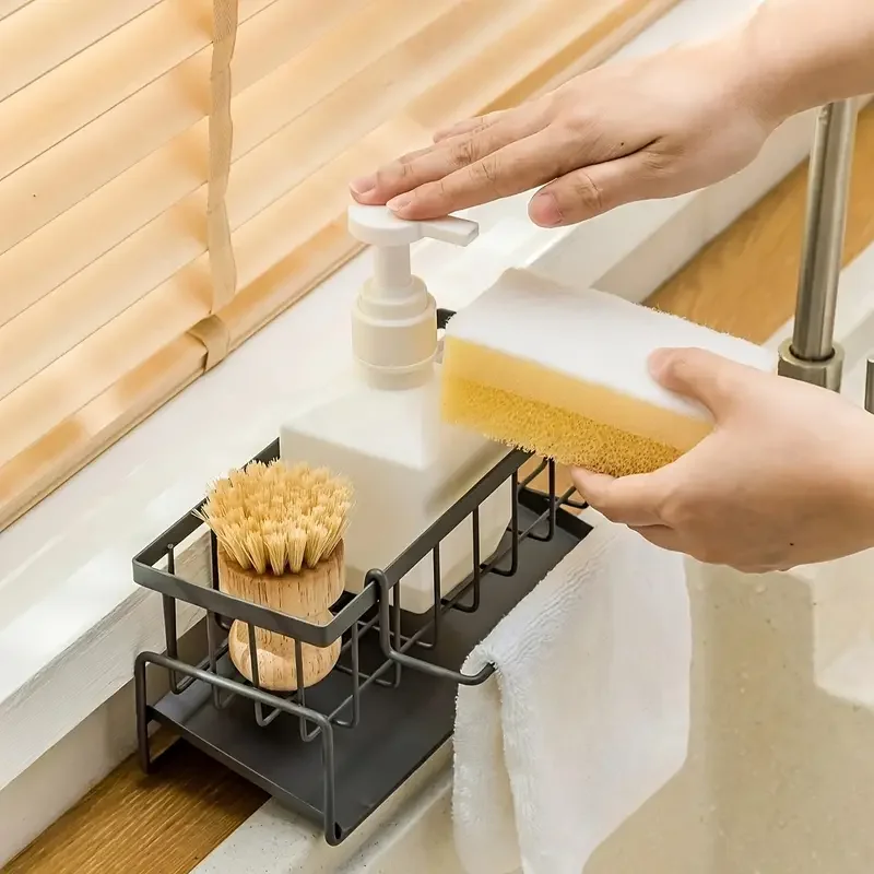 1pc industrial metal kitchen sink caddy with drainage basket multipurpose storage organizer for household tools cloths and cups kitchen sink organizer details 4