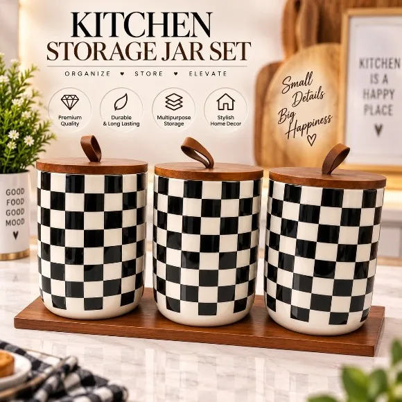 Modern Checkered Ceramic Kitchen Canister Set (3 Pcs) with Wooden Tray & Airtight Lids
