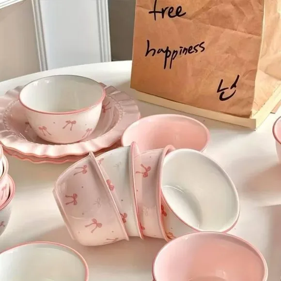 Pookie Bow Design Porcelain Bowl Set with Floral Patterns Serving Bowls