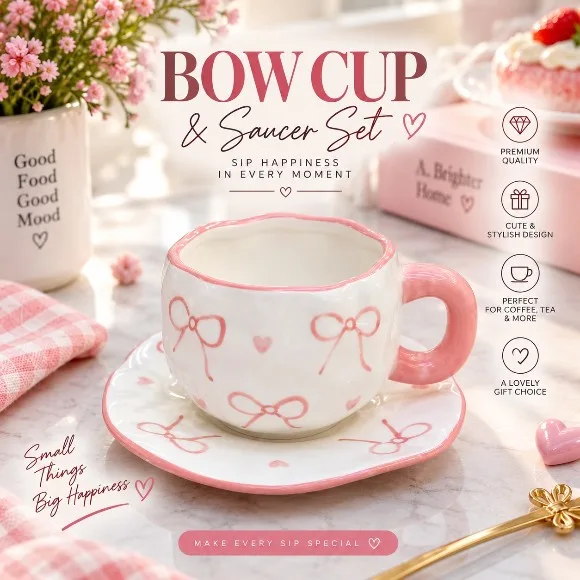 Pookie Hand-Painted Ceramic Bow Cup & Saucer