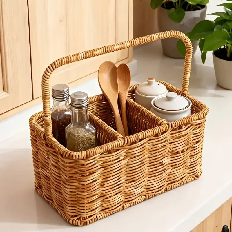 rattan style storage basket kitchen spice jar organizer home desktop clutter tidy basket handheld storage basket Product details 1