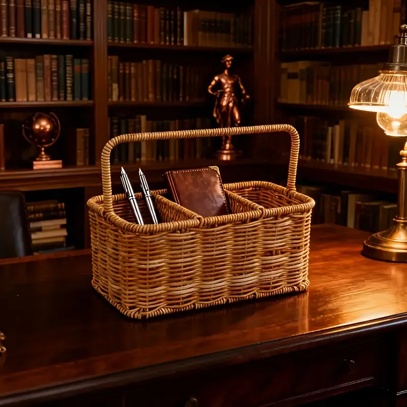 rattan style storage basket kitchen spice jar organizer home desktop clutter tidy basket handheld storage basket Product details 3
