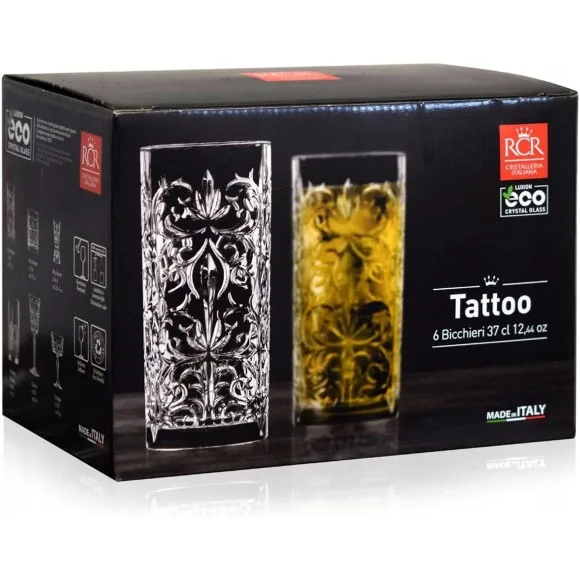 RCR Cristalleria Italiana Tattoo Luxury Crystal Long Drink Water Juice Glass Tumbler - Set of 6 368ml - Italy Made