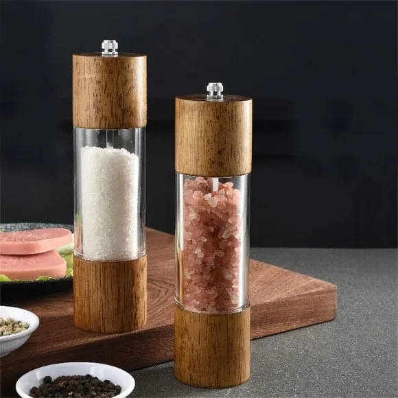 Salt and Pepper Grinder Crystal Acrylic Wood Adjustable Coarseness Ceramic Core Pepper Mill