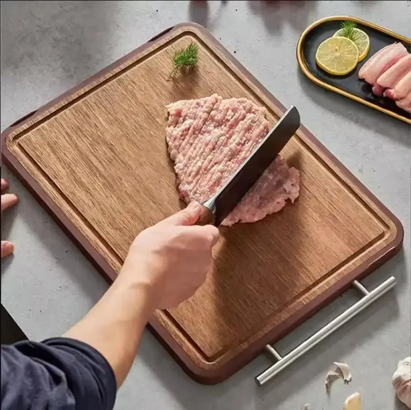 Kitchenware Bamboo Double Side Stainless Steel Chopping Board Block Wood Antibacterial Multifunctional Cutting Board with Handle