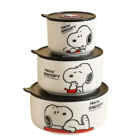 Snoopy Bowl Three Piece Set Crisper Box Child Cartoon Snoopy Officially Licensed Ceramics Bowl with Lid