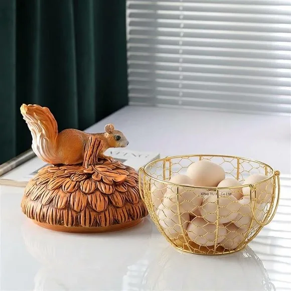 Squirrel Egg Basket Gold Wire Egg Baskets with Lid Farmhouse Style Egg Storage Container 