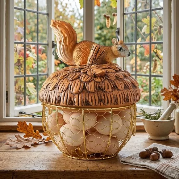 Squirrel Egg Basket Gold Wire Egg Baskets with Lid Farmhouse Style Egg Storage Container 