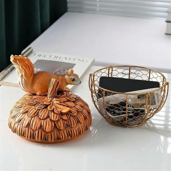 Squirrel Egg Basket Gold Wire Egg Baskets with Lid Farmhouse Style Egg Storage Container 