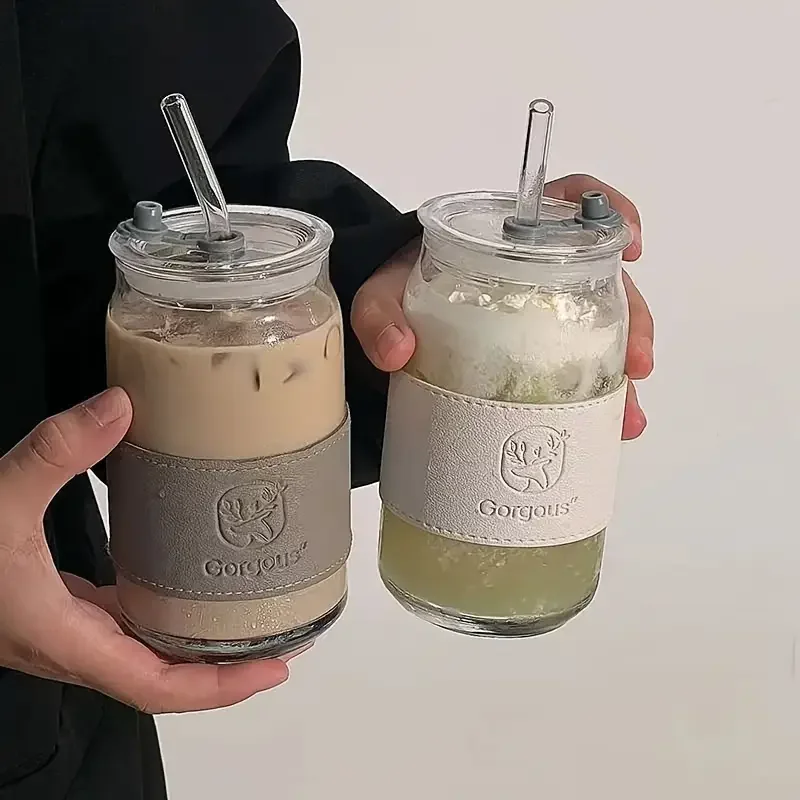 15 21 oz large capacity straw glass cup suitable for iced coffee whiskey soda tea with lid straw and sleeve decoration 2pcs Product details 2