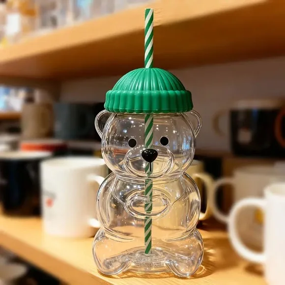 Teddy Bear Shaped Tumbler Beverage Bottle with Top Hat Cap Lid Straw