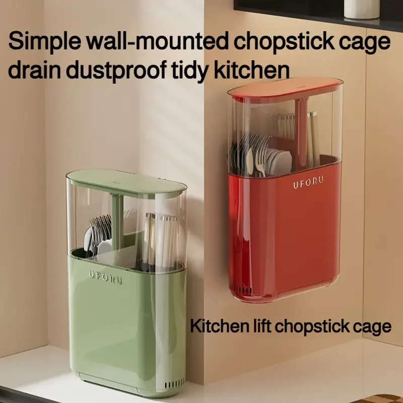 wall mounted chopstick holder with detachable lid no drill screw mount installation dustproof kitchen organizer space saving plastic storage box for utensils modern green beige durable hygienic Product details 0