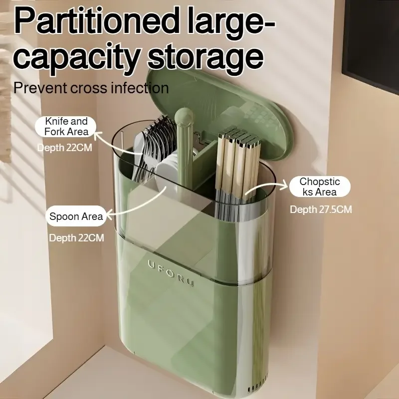 wall mounted chopstick holder with detachable lid no drill screw mount installation dustproof kitchen organizer space saving plastic storage box for utensils modern green beige durable hygienic Product details 1