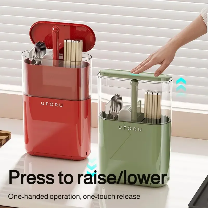 wall mounted chopstick holder with detachable lid no drill screw mount installation dustproof kitchen organizer space saving plastic storage box for utensils modern green beige durable hygienic Product details 2