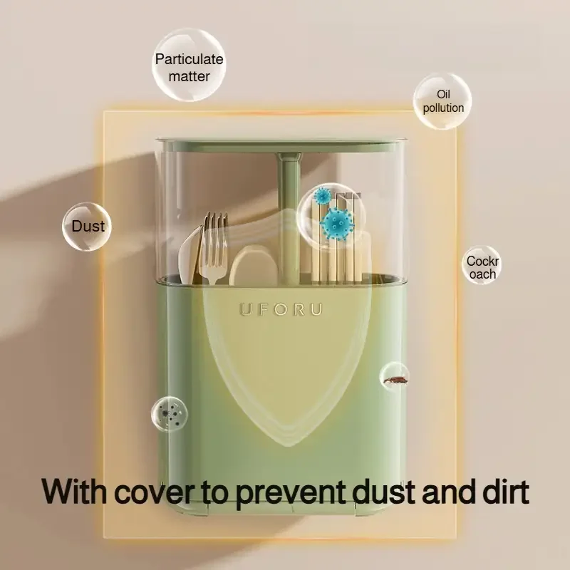 wall mounted chopstick holder with detachable lid no drill screw mount installation dustproof kitchen organizer space saving plastic storage box for utensils modern green beige durable hygienic Product details 4