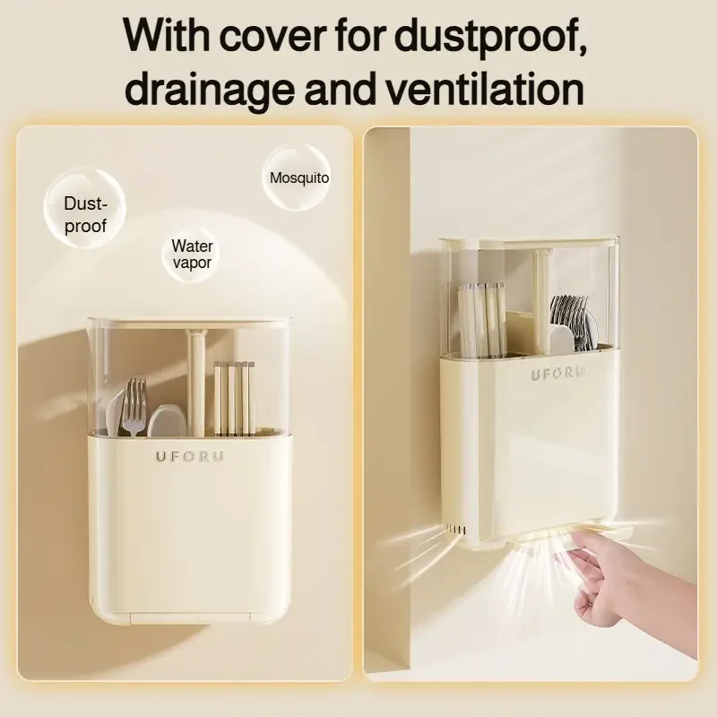 wall mounted chopstick holder with detachable lid no drill screw mount installation dustproof kitchen organizer space saving plastic storage box for utensils modern green beige durable hygienic Product details 5
