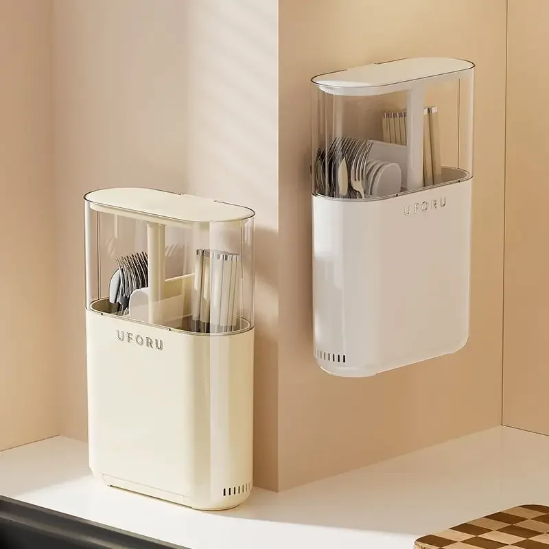 wall mounted chopstick holder with detachable lid no drill screw mount installation dustproof kitchen organizer space saving plastic storage box for utensils modern green beige durable hygienic Product details 7