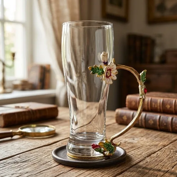 Vintage Floral Enamel Tall Glass Mug – Handcrafted Crystal Drinking Glass with 3D Flower Handle 1Piece