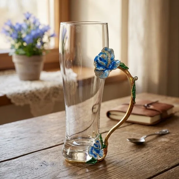 Vintage Floral Enamel Tall Glass Mug – Handcrafted Crystal Drinking Glass with 3D Flower Handle 1Piece