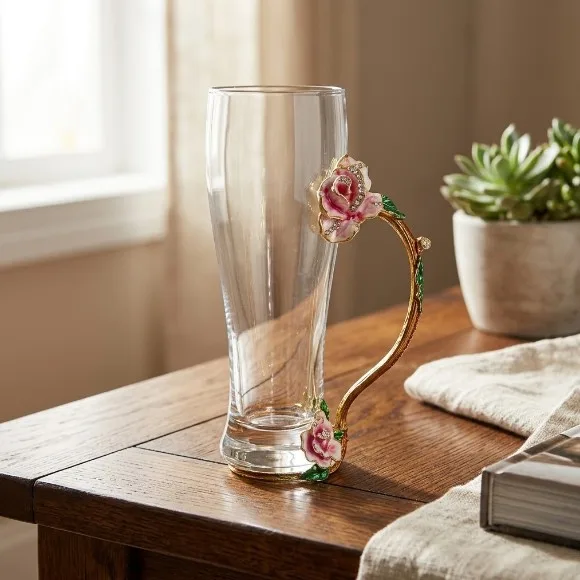 Vintage Floral Enamel Tall Glass Mug – Handcrafted Crystal Drinking Glass with 3D Flower Handle 1Piece