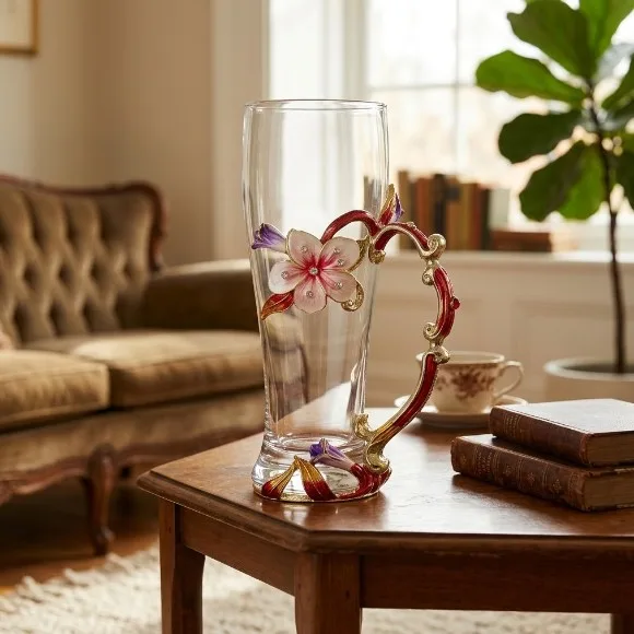 Vintage Floral Enamel Tall Glass Mug – Handcrafted Crystal Drinking Glass with 3D Flower Handle 1Piece