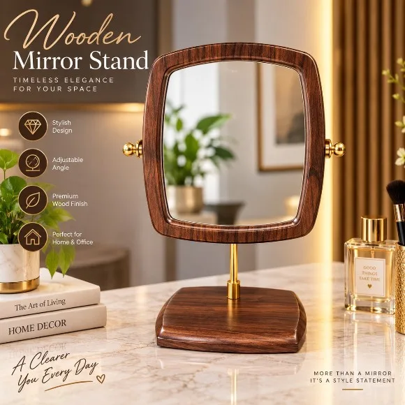 Vintage Makeup Mirror with Rotating Wooden Frame