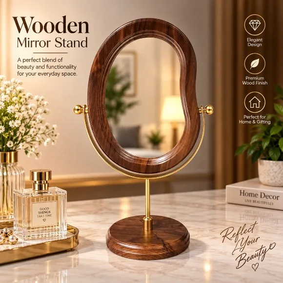 Vintage Makeup Mirror with Rotating Wooden Frame