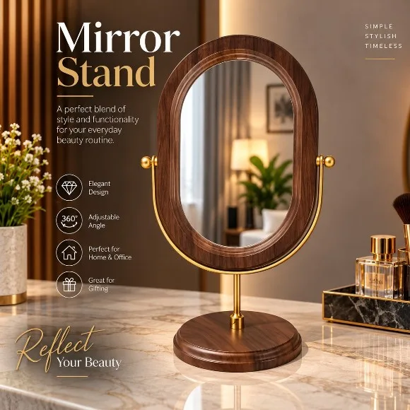 Vintage Makeup Mirror with Rotating Wooden Frame