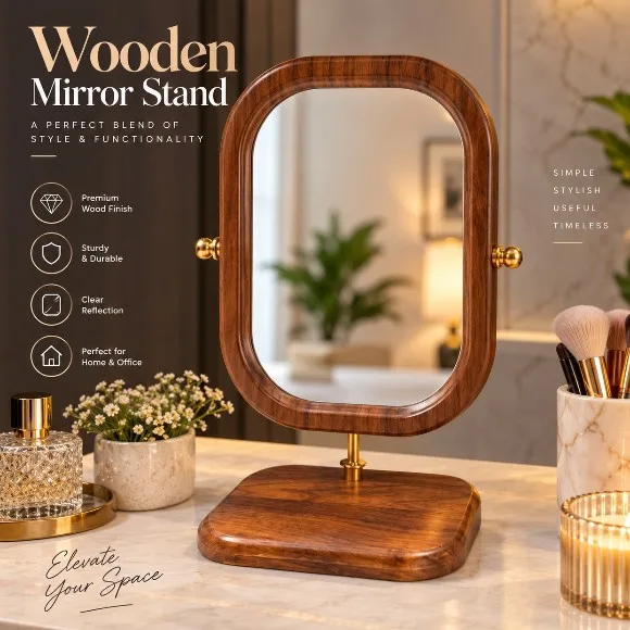 Vintage Makeup Mirror with Rotating Wooden Frame