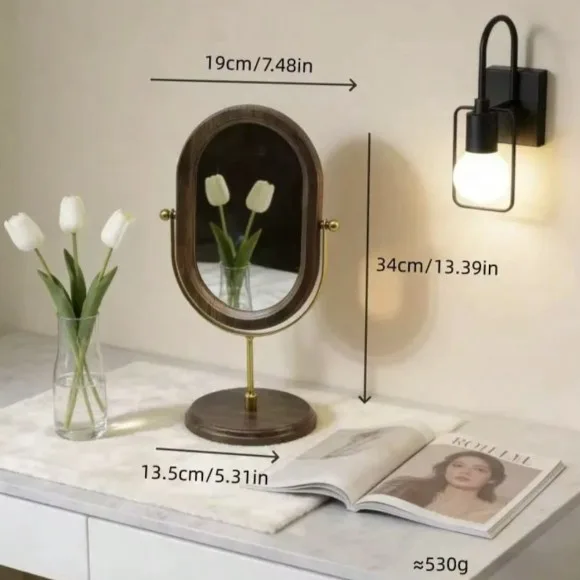 Vintage Makeup Mirror with Rotating Wooden Frame