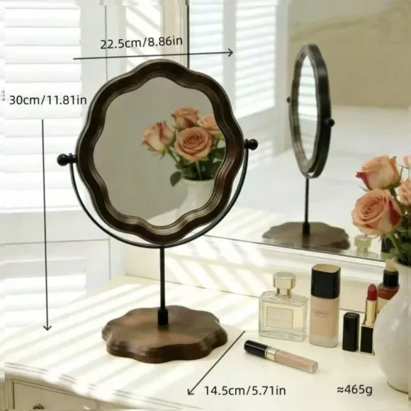 Vintage Makeup Mirror with Rotating Wooden Frame