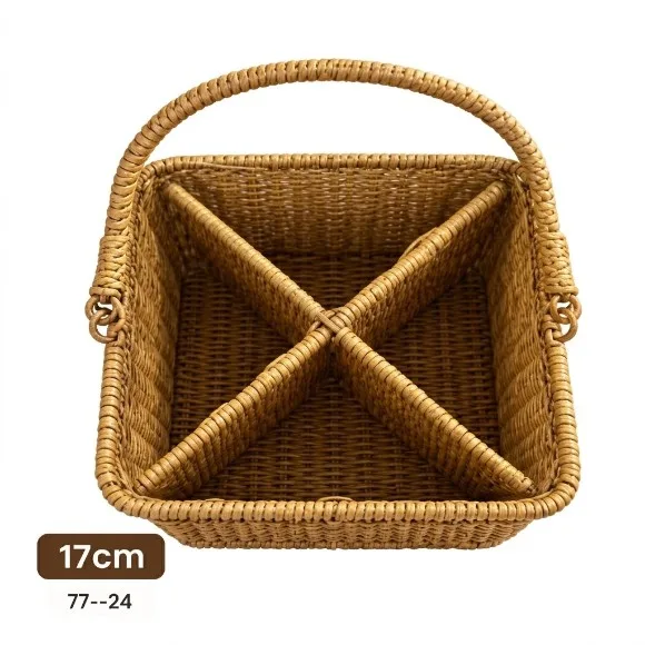 Wicker Organizer Basket with Dividers and Handle 4 Compartments