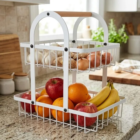 2- Tier Fruits Stand Fruit Storage Rack Stand Vegetable Holder Baskets Double Layer Fruit Basket Fruit Basket Kitchen French Country Wire Basket