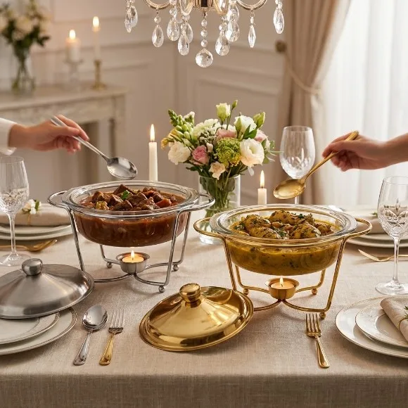 Round Glass Chafing Soup & Fondue Dish with Polished Chrome Stand Stainless Steel Lid & Tealight Warmer 2.0 Liter